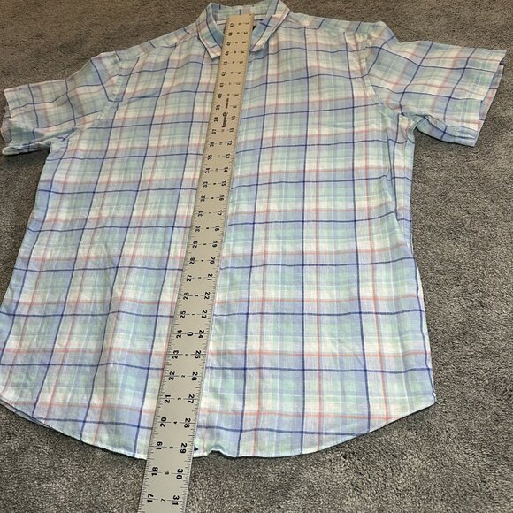 Untuckit 100% Linen Shirt Mens Large Blue Multi Plaid Stretch Lewis Short Sleeve - Picture 8 of 9